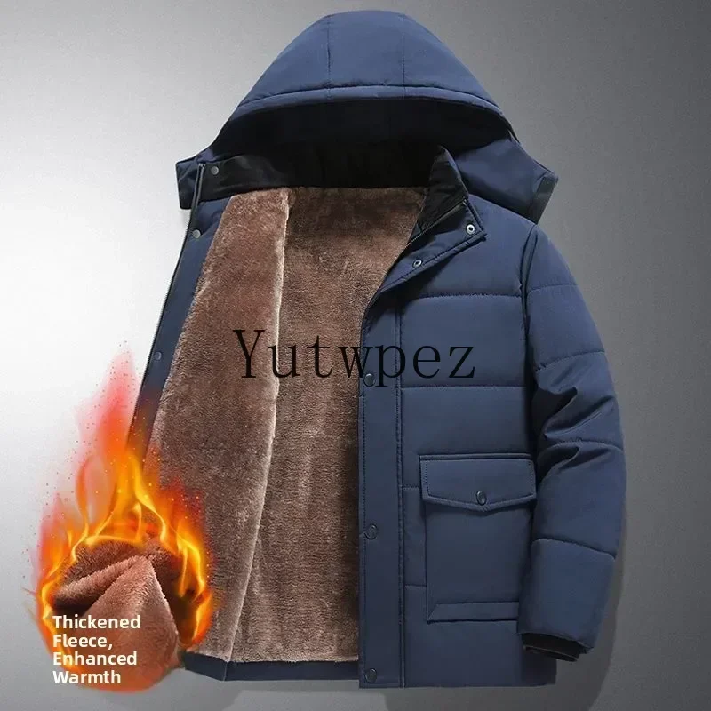 Business Gentleman Style Zipper Wool Fabric Outdoor Hiking Men's Winter Thickened Fleece Lined Hooded Cotton Jacket Warm Coat