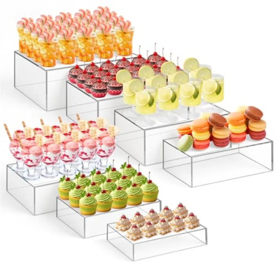 Catering dessert table risers set: acrylic, clear, rectangle, 6 to 12, hollow bottom for elevated food display and decorative b