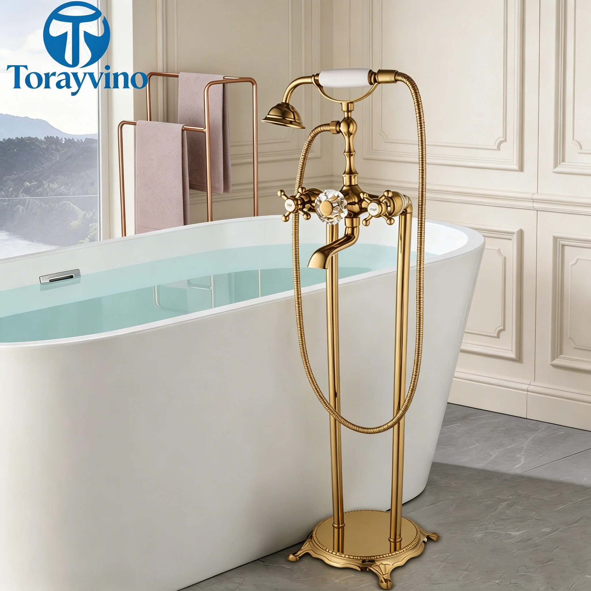 Torayvino Bathroom Gold Bathtub Shower Faucet Set Tub Filler Freestand Brushed  Shower Systerm 360 Swivel Brass Shower Faucet