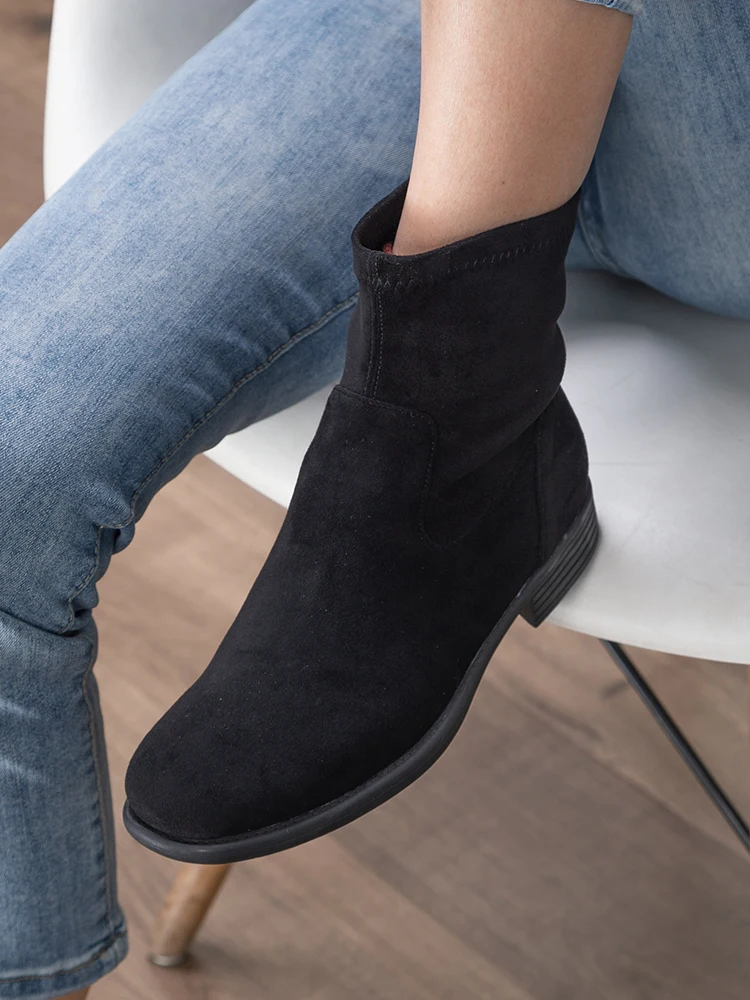 Black Leather Short Sock Boots Strencht Slim Fashion Women Shoes Vintage Squared Toe Ankle Boots Booties Footwear