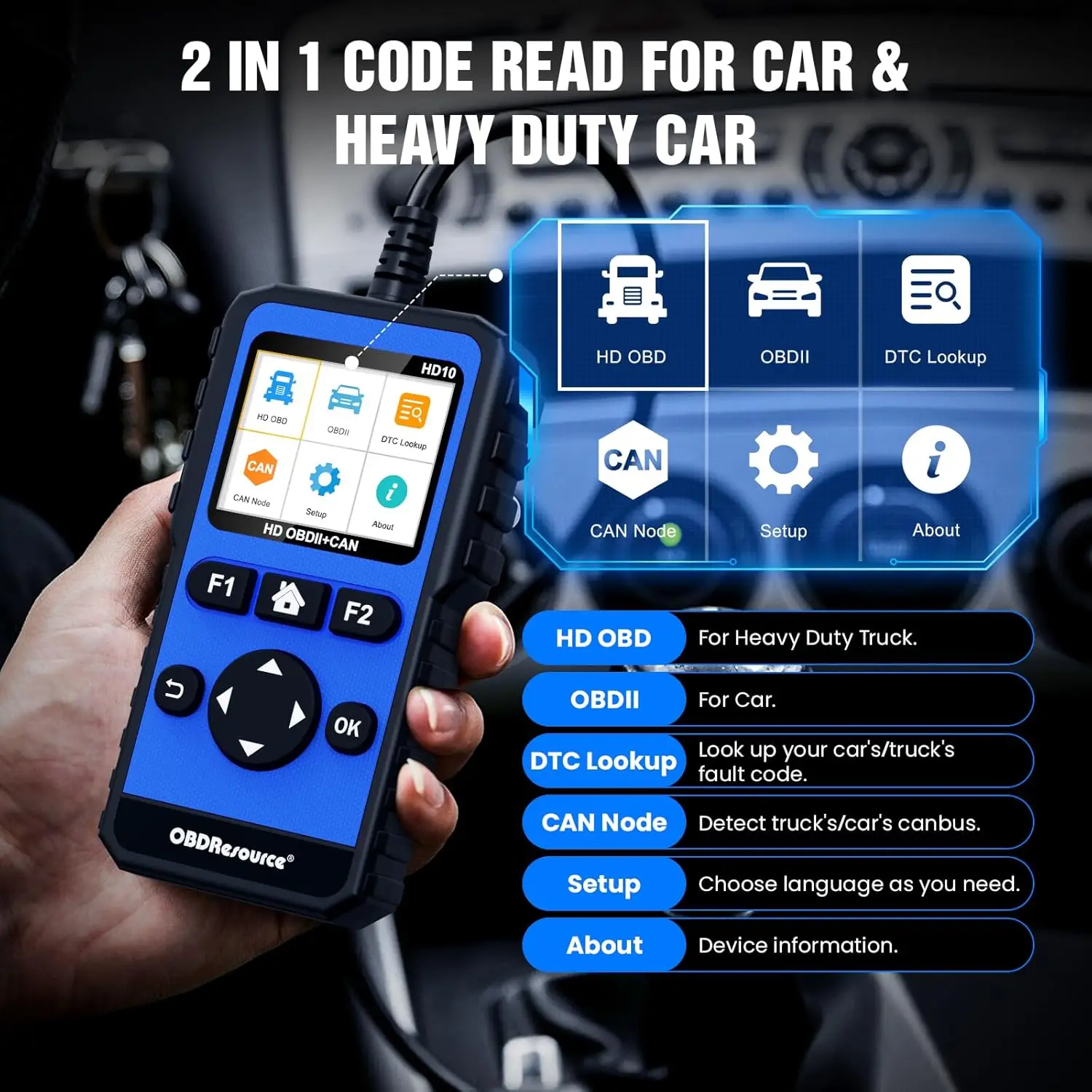 OBDResource Full System Heavy Duty Truck Scanner Tool HDOBD/EOBD/OBD2 Truck And Car 12V 24V 2in1 Car Scanner Diagnostic Tool