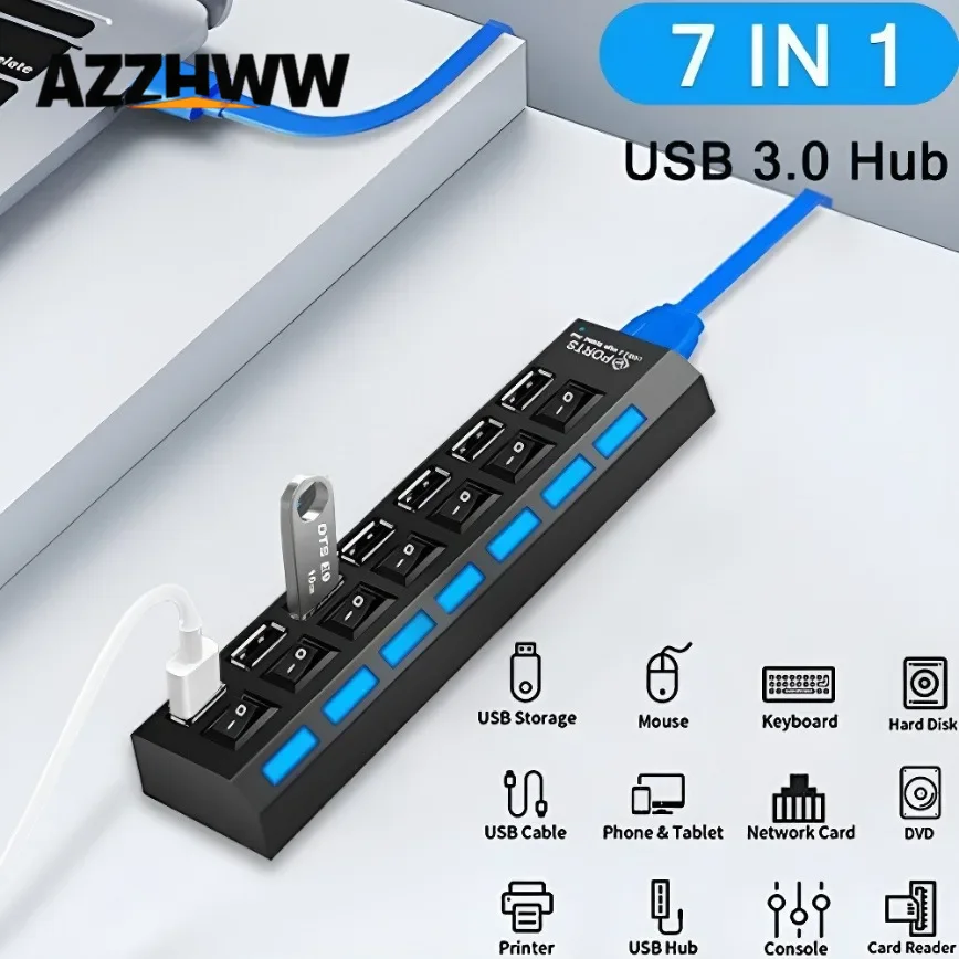 USB 3.0 Hub 7-Port USB Hub Splitter USB2.0 3.0 Expander with LED Individual On/Off For Laptop PC Computer Flash Drive Mobile HDD