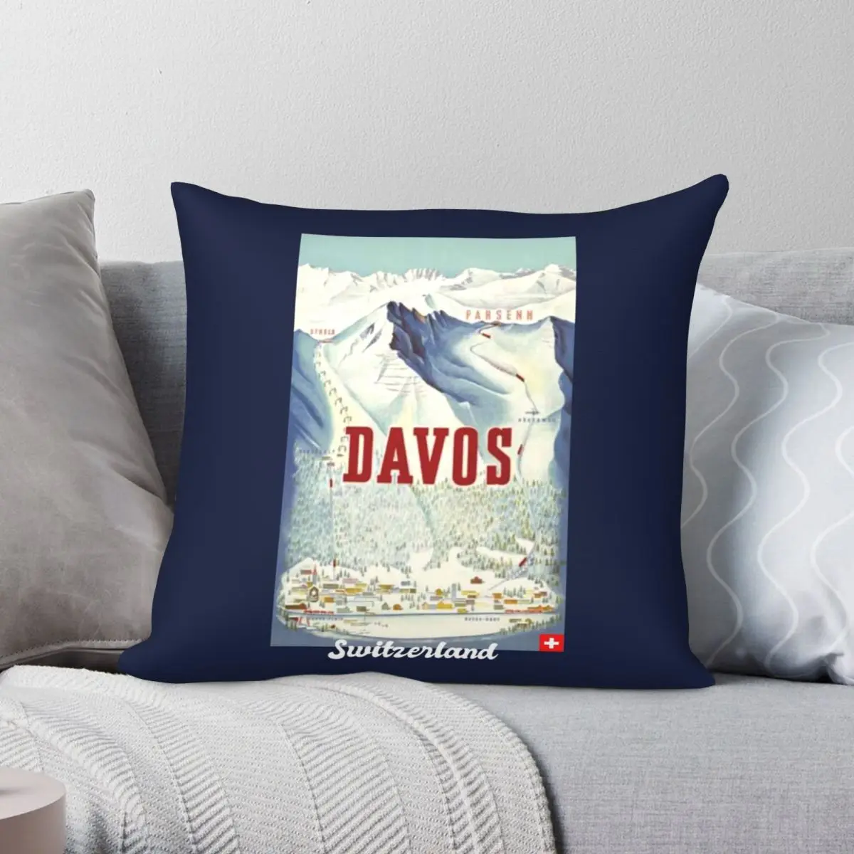 Davos Switzerland Retro Travel Square Pillowcase Polyester Linen Velvet Creative Zip Decor Throw Pillow Case Sofa Cushion Case