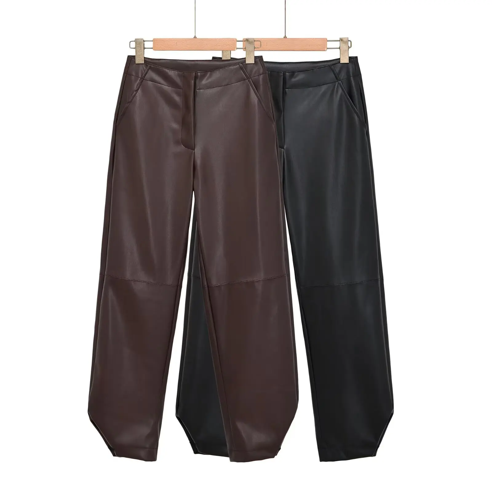 2026 New Spring Autumn Women's Elegant High Waist Long Black Faux Leather Trousers Lady Vintage Street PU Zip-fly Straight Pants
