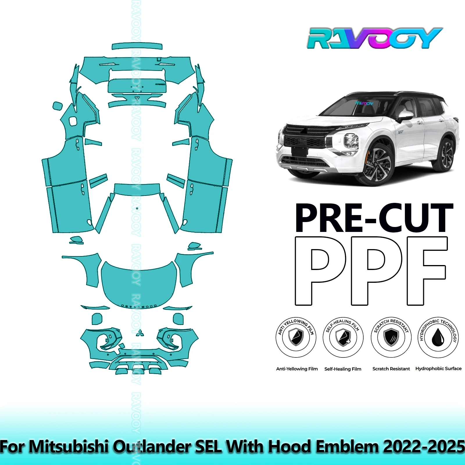 

8.5Mil Precut PPF Paint Protection Film Full Vehicle Clear Bra For Mitsubishi Outlander SEL With Hood Emblem 2022-2025