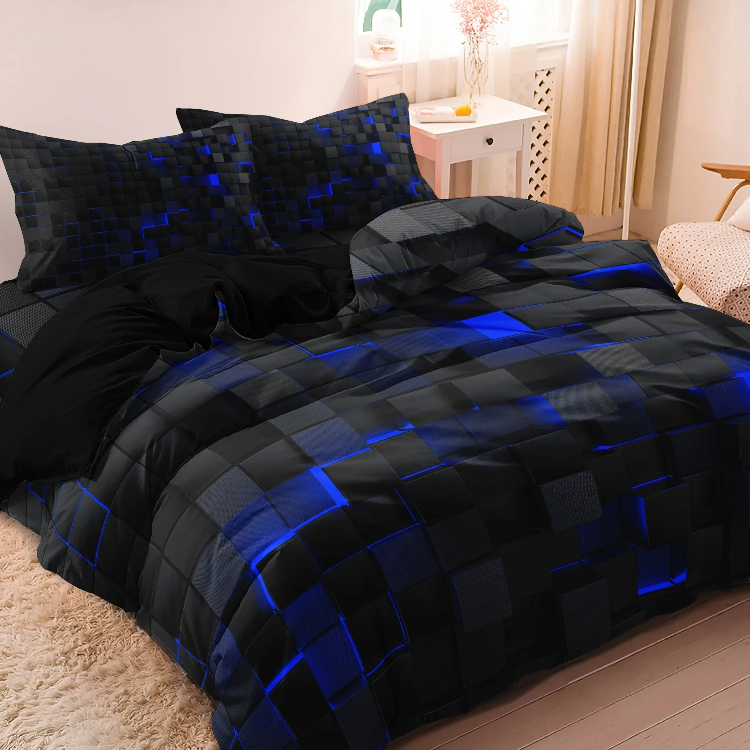 3pcs Geometric Cube Design Black + Blue Grid Print Duvet Cover Set,Suitable For Bedrooms And Guest Rooms.Gift Family And Friends