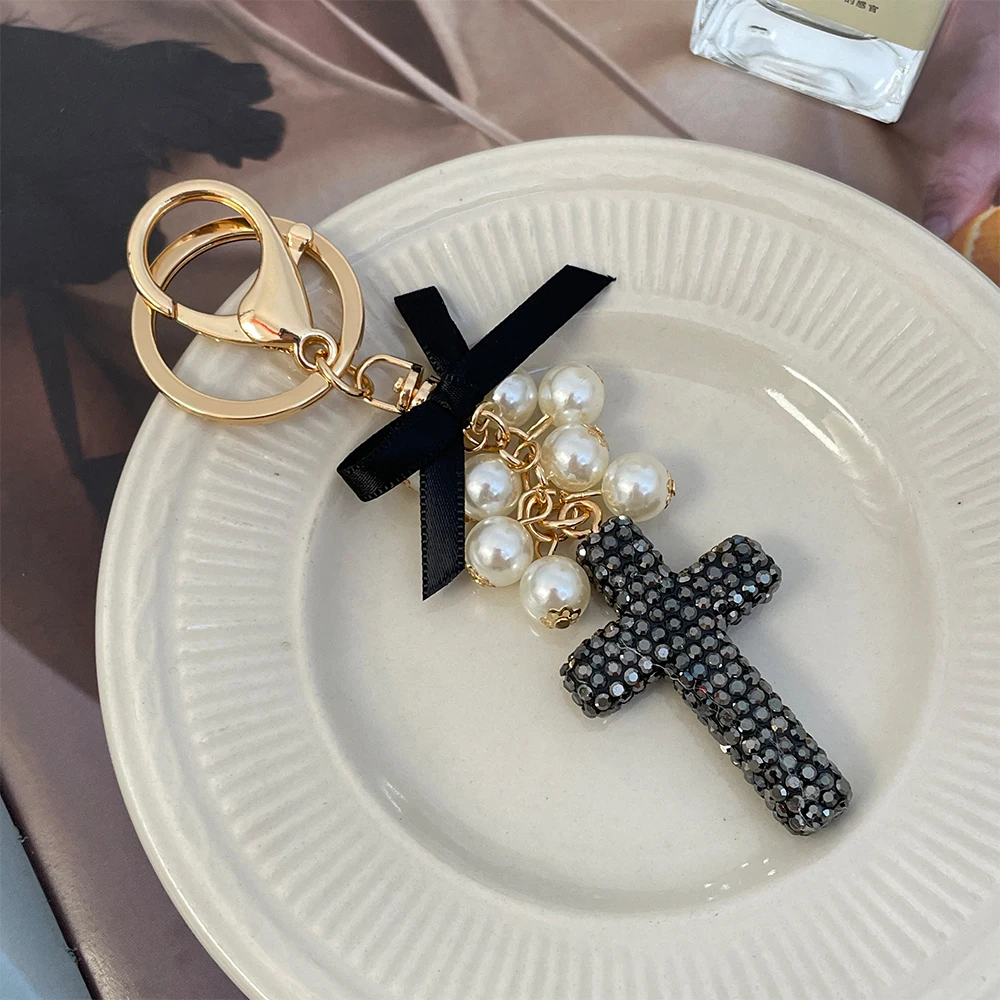 Cross Keychain Crystal Rhinestone Pearls Bow Key Ring Women\'s Bag Pendant Souvenir Gift