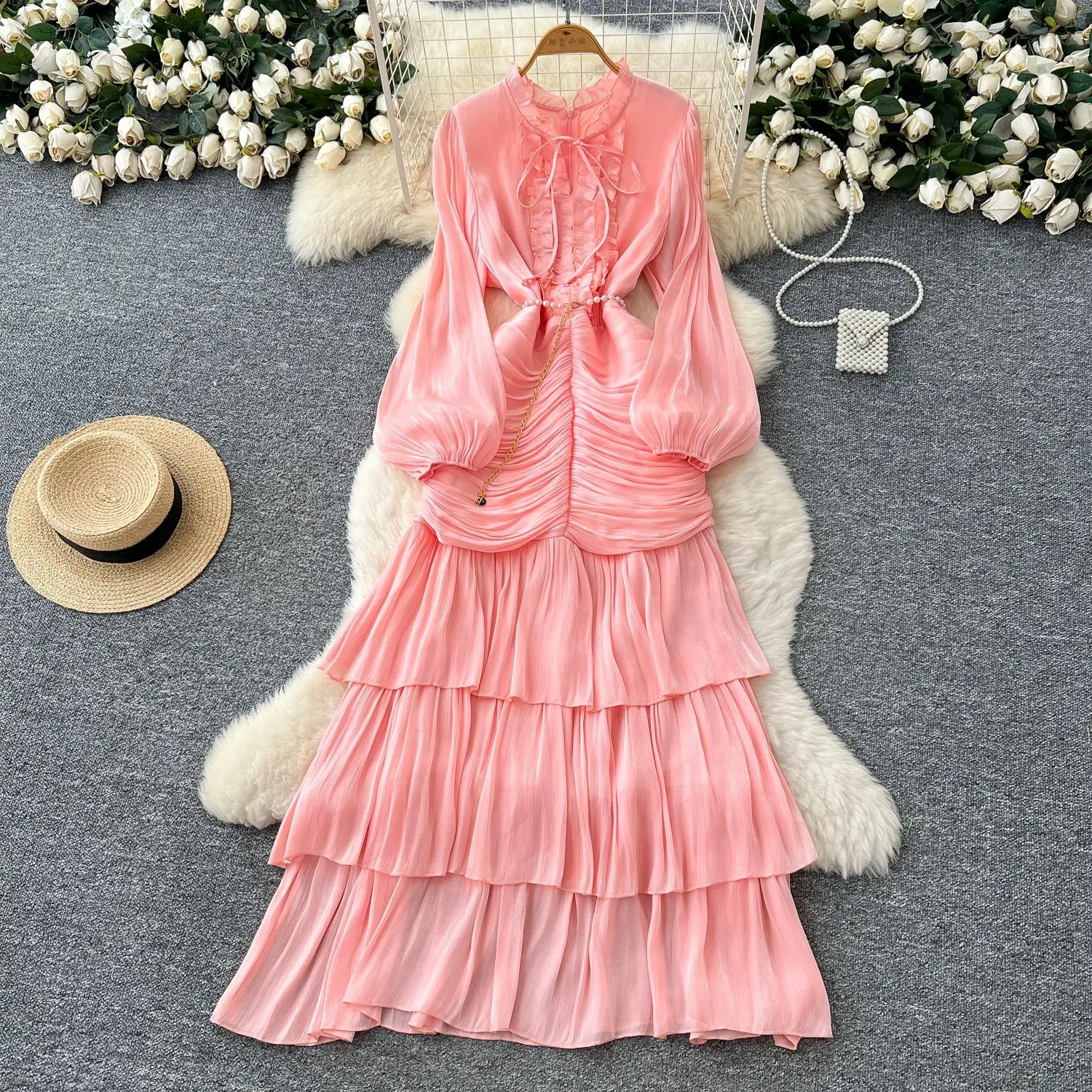 Spliced Lace Dresses Lantern Sleeve Ankle Length Dress Women Solid Party Dress… - Image 4