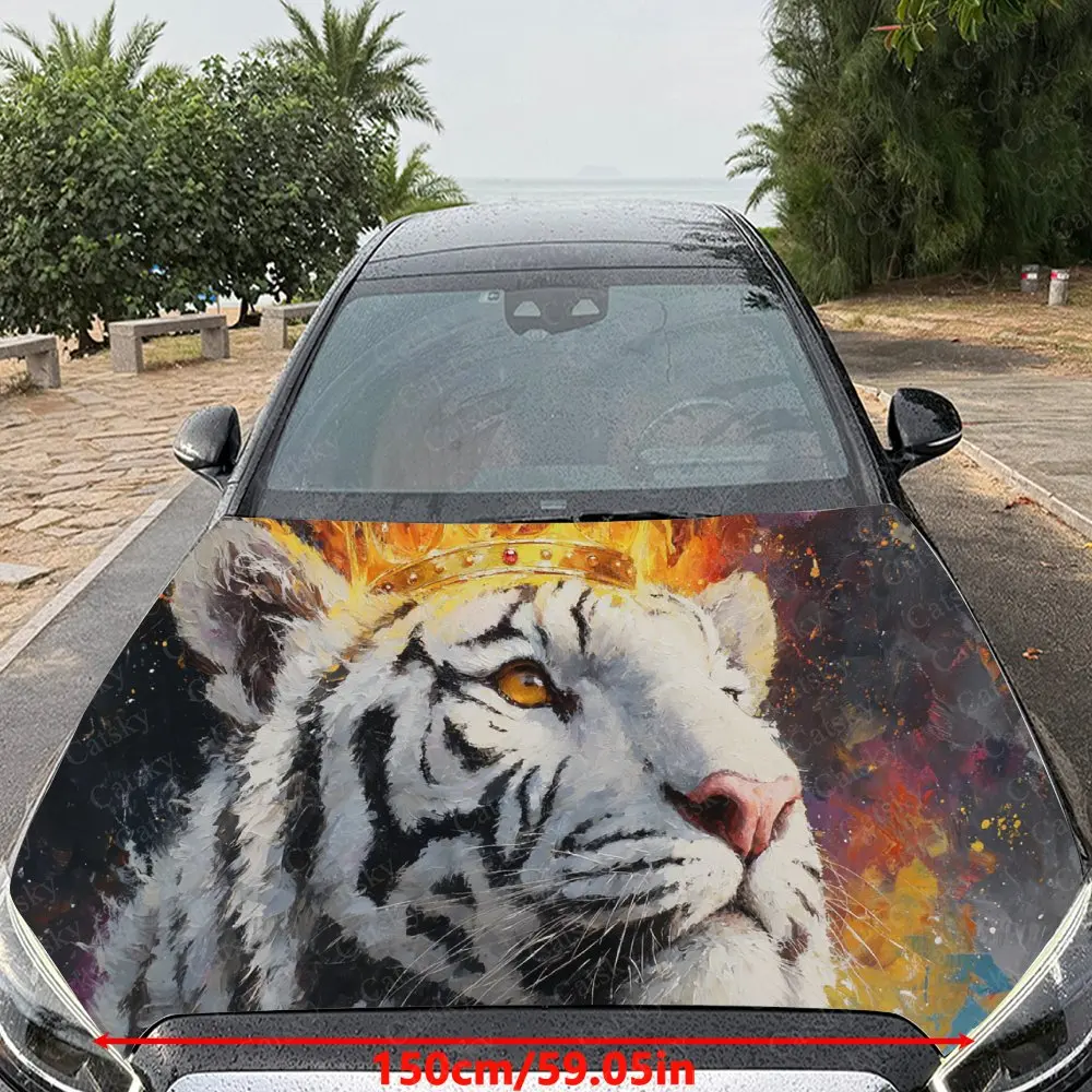 Striking Fiery White Tiger Car Hood Stickers - Self-Adhesive, Waterproof and Durable Vinyl Wrap, Decorate And Protect Your Car -
