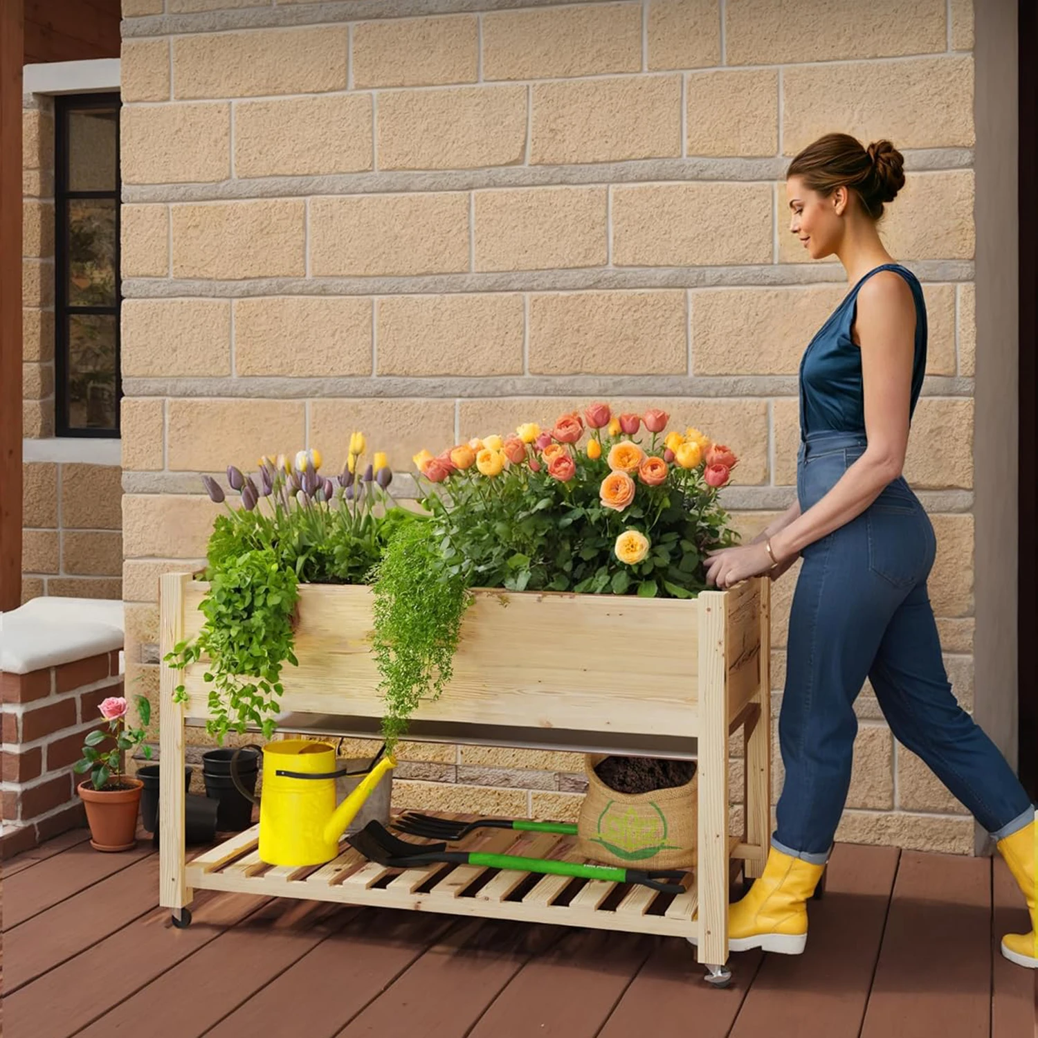 

Поднятая садовая кровать на колесах, деревянный ящик для цветов с ножками, приподнятая садовая кровать для овощей, стоящий садовый контейнер для заднего двора