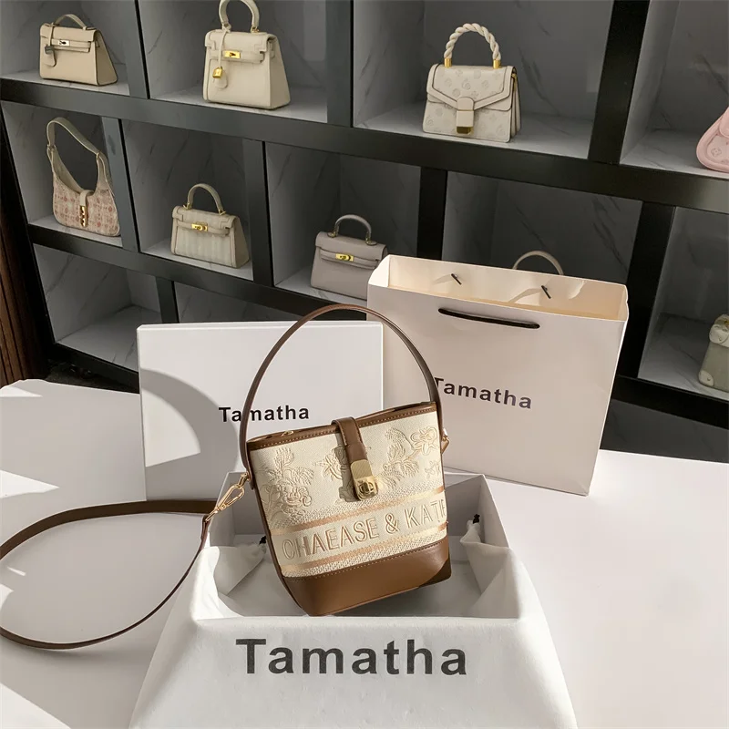 

Сумка-ведро Tamatha с вышивкой, на плечо/через плечо, для повседневного использования, из мягкой искусственной кожи, в китайском стиле, маленькая, с геометрическим узором