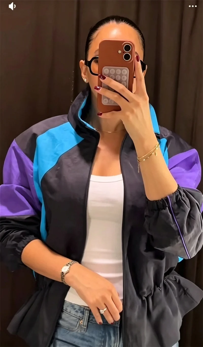 Guobioziy Women's Jacket 2026 Fall/Winter New Casual Fashion Long-Sleeve Stand Collar Color-Block Shoulder-Padded Jacket