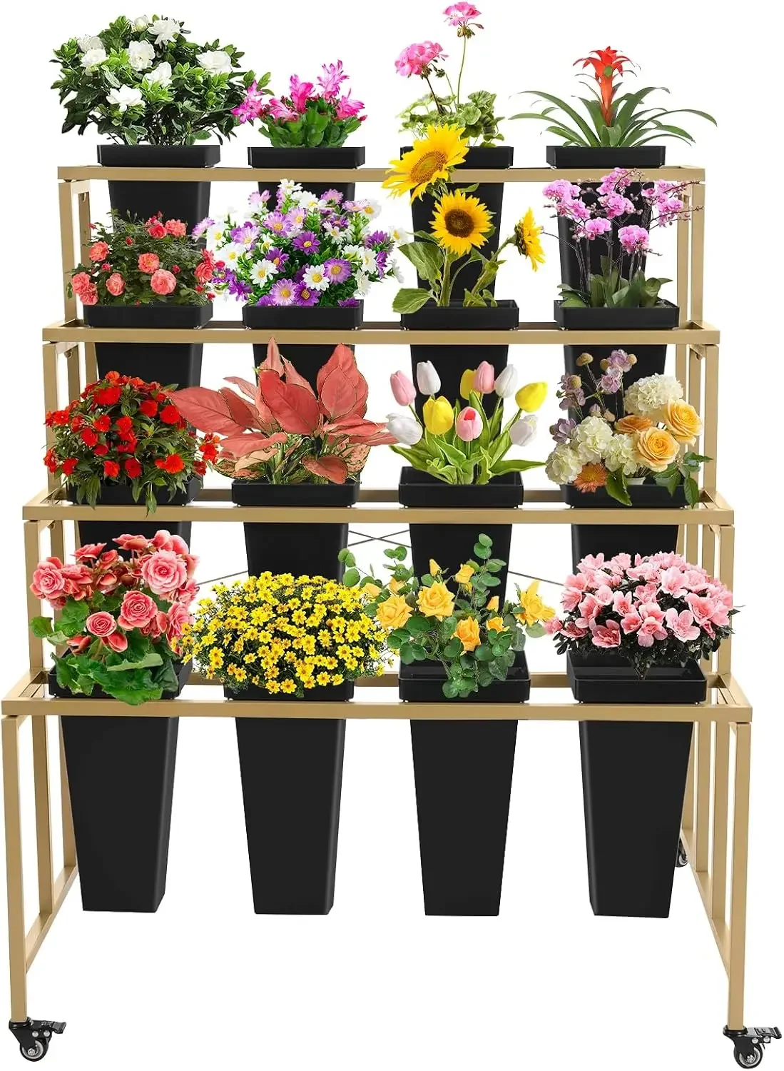 Flower Display Stand with 16 Buckets, 4 Layers Plant Stand with Universal Wheels, Heavy Duty Moving Florist Bouquet Shelf for Ho