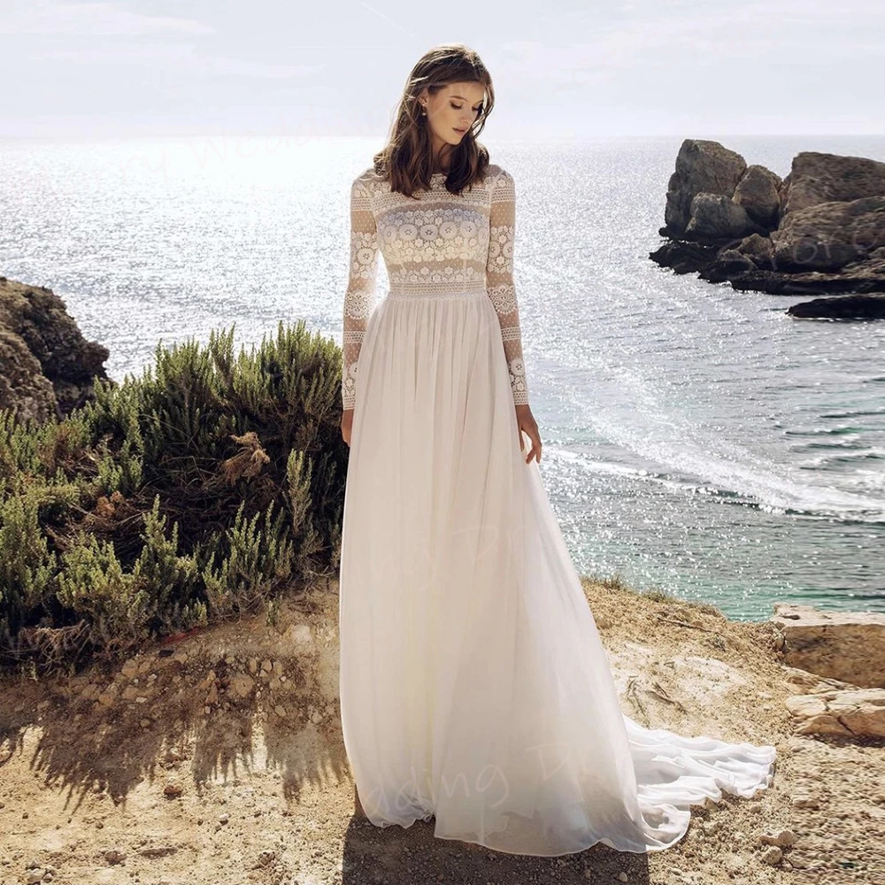 Vestidos de novia de corte en A para mujer, ropa de manga larga con cuello redondo, Apliques de encaje elegantes, Playa