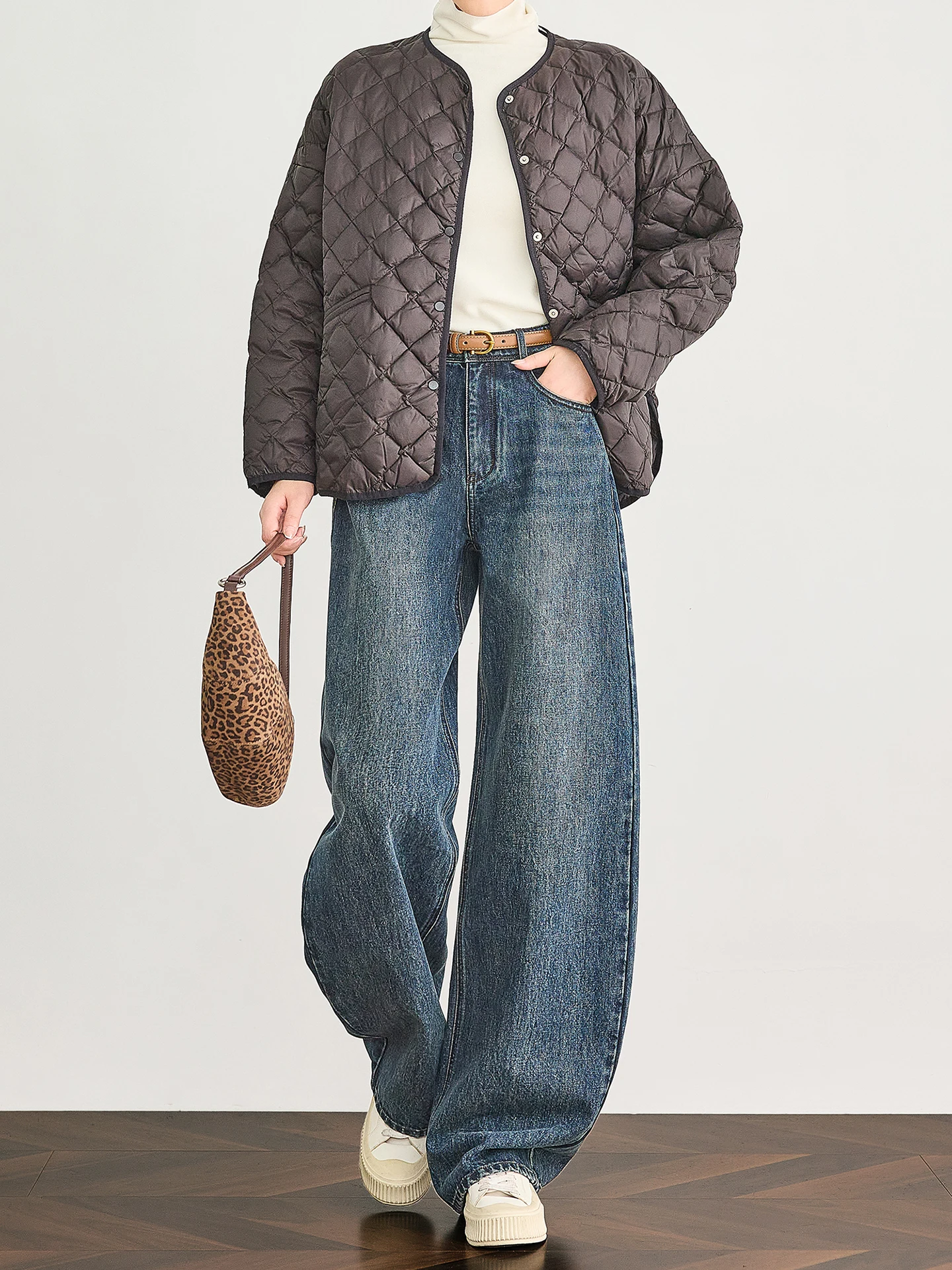 

Classic Reimagined Full Cotton Thiened Vintage Blue Denim Pants Women's Faded High Waist Straight Leg Pants Casual Trousers