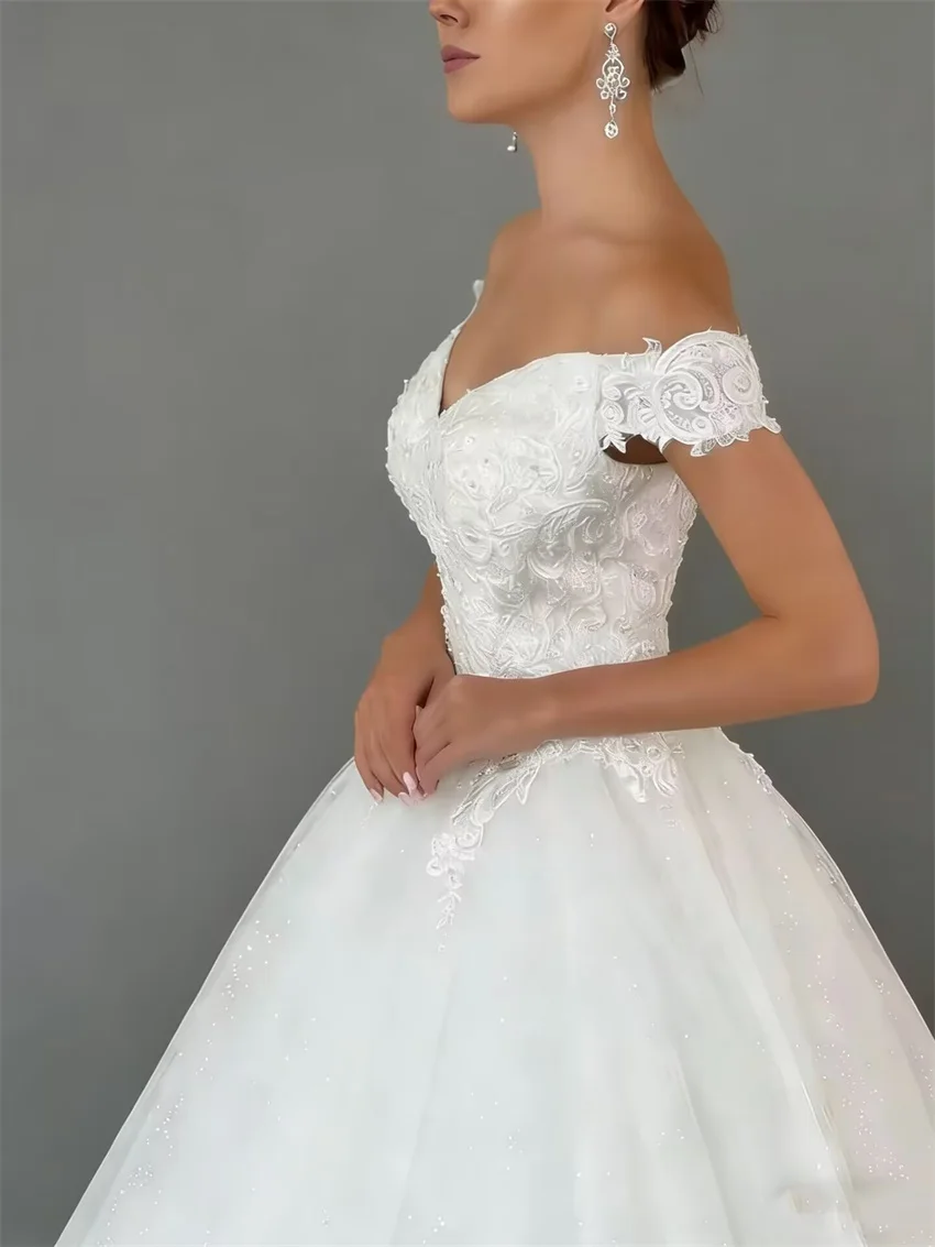 Customized White Princess Off The Shoulder Lace Appliques Wedding Dresses Sweep Train Bridal Gowns A-Line Tulle Bride Dress image 3
