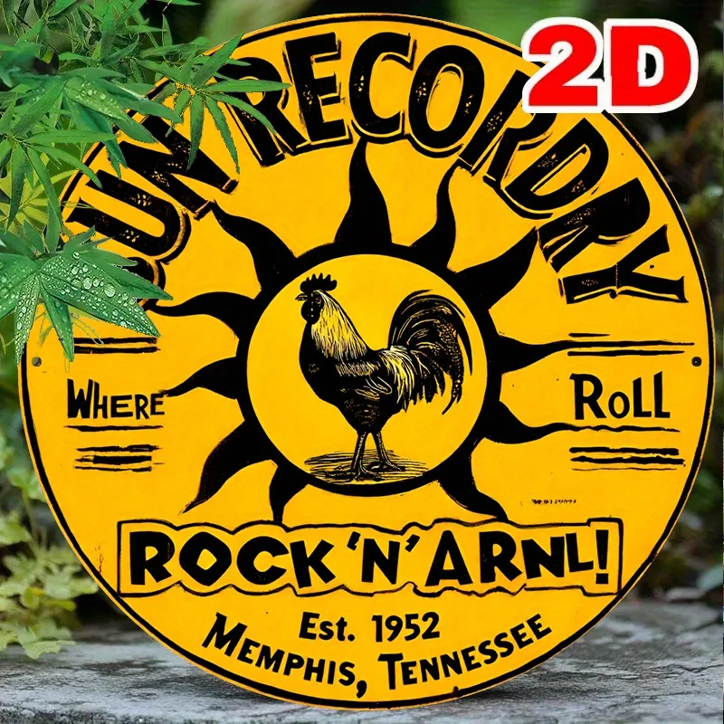 Letrero de pared de aluminio con registro solar vintage, decoración Retro Rock 'n' Roll de 8.0 x 8.0 in con diseño Sunburst y gallo, duradero para exteriores