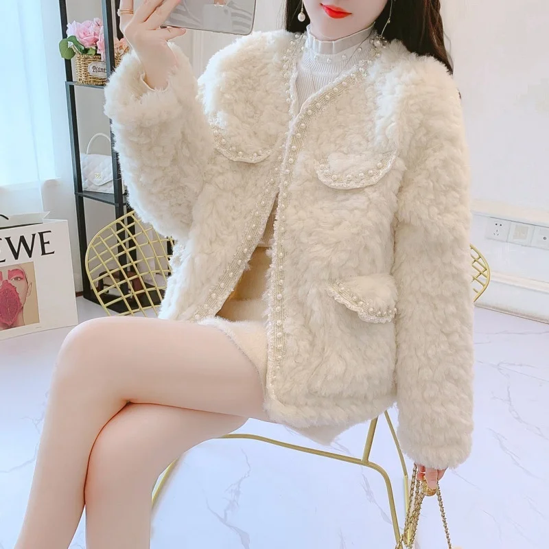 Fashion Women's Wool Coat Medium Long Autumn Winter Sweet Fur One Piece Warm Jacket Imitation Lamb Hair Outerwear