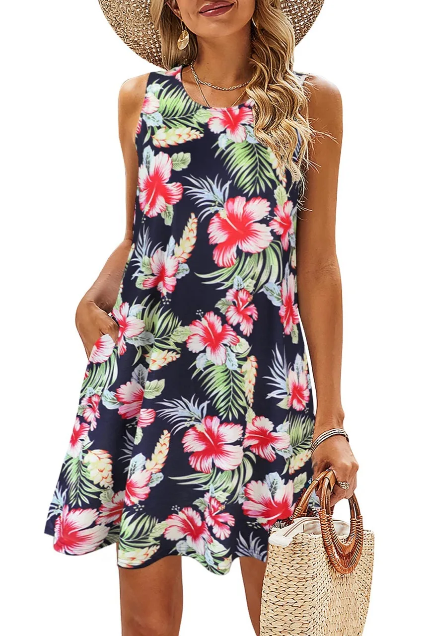 Summer Women's Beach Bohemian Style Sleeveless Retro Floral Pocket T-shirt Vest Suspender Skirt Elegant Elegant Dress