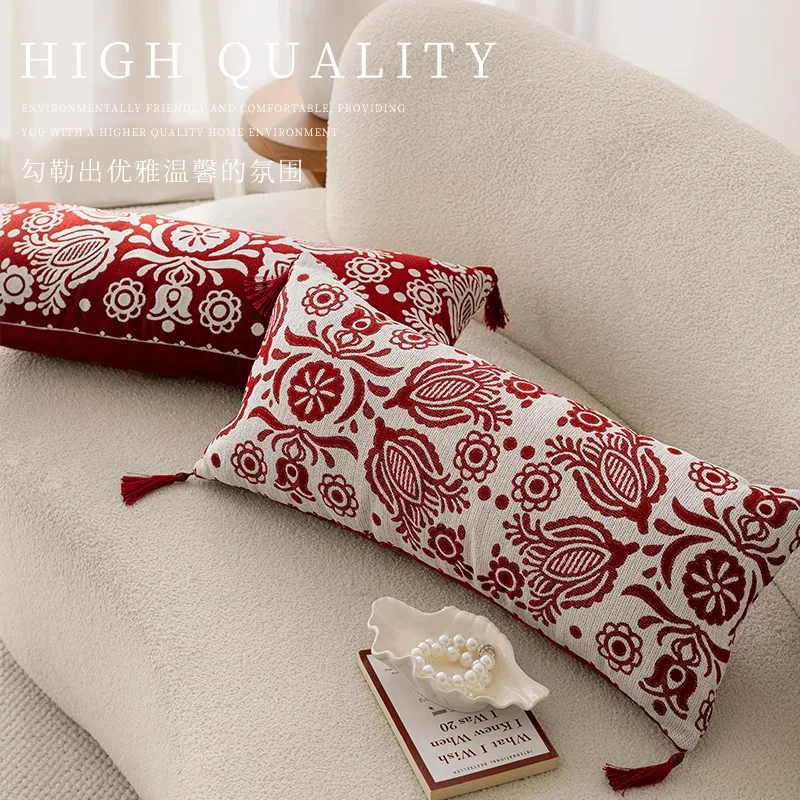 50/70cm Long pillow case red beige flower pattern knittedwaist back cushion cover fringes sofa decorative pillow cover