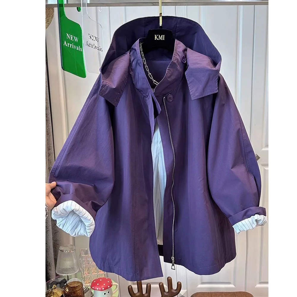 

Fem Cotton Trench Coat for Women Casual and Versatile Loose and Slimming Autumn Simple Hooded Long Jacket for Women Windbreaker