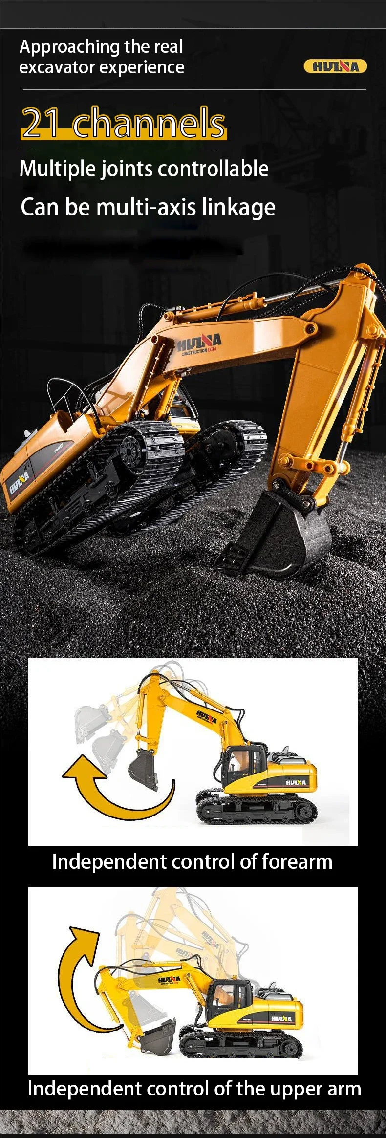 Huina 550HD 1:14 Alloy Remote Control Excavator 21CH Metal Digging Bucket Construction Vehicle 2.4G Wireless Large Excavator Toy