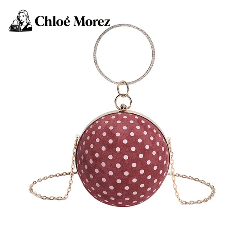 

Round Ball Bag, Fashionable Polka Dot Shoulder Bag, Women's Chain Crossbody, Dinner Bag, Trendy