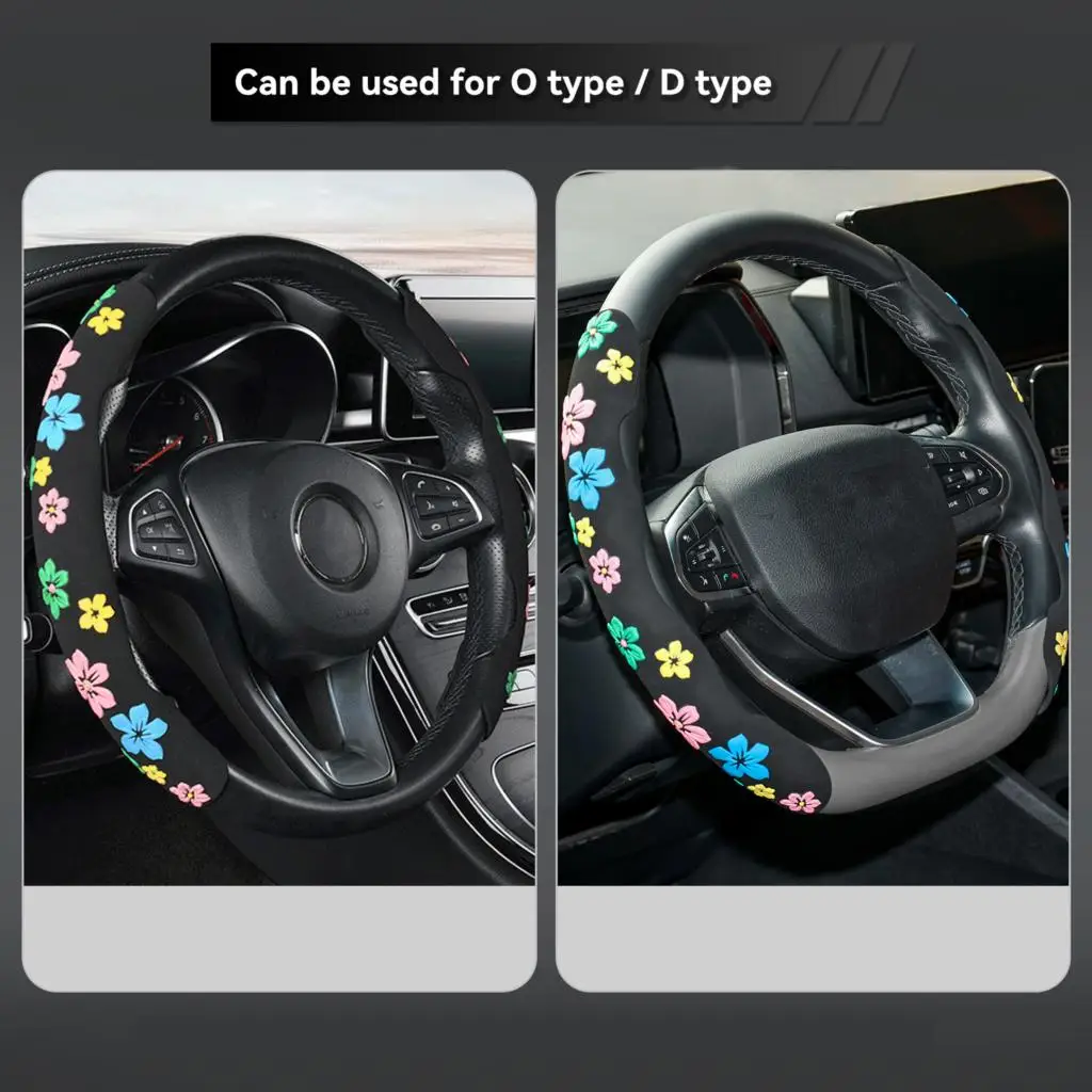 2PCS Universal Suede Car Steering Wheel Cover Booster Floral Print Anti-slip For Women Lady Car Interior Accessories