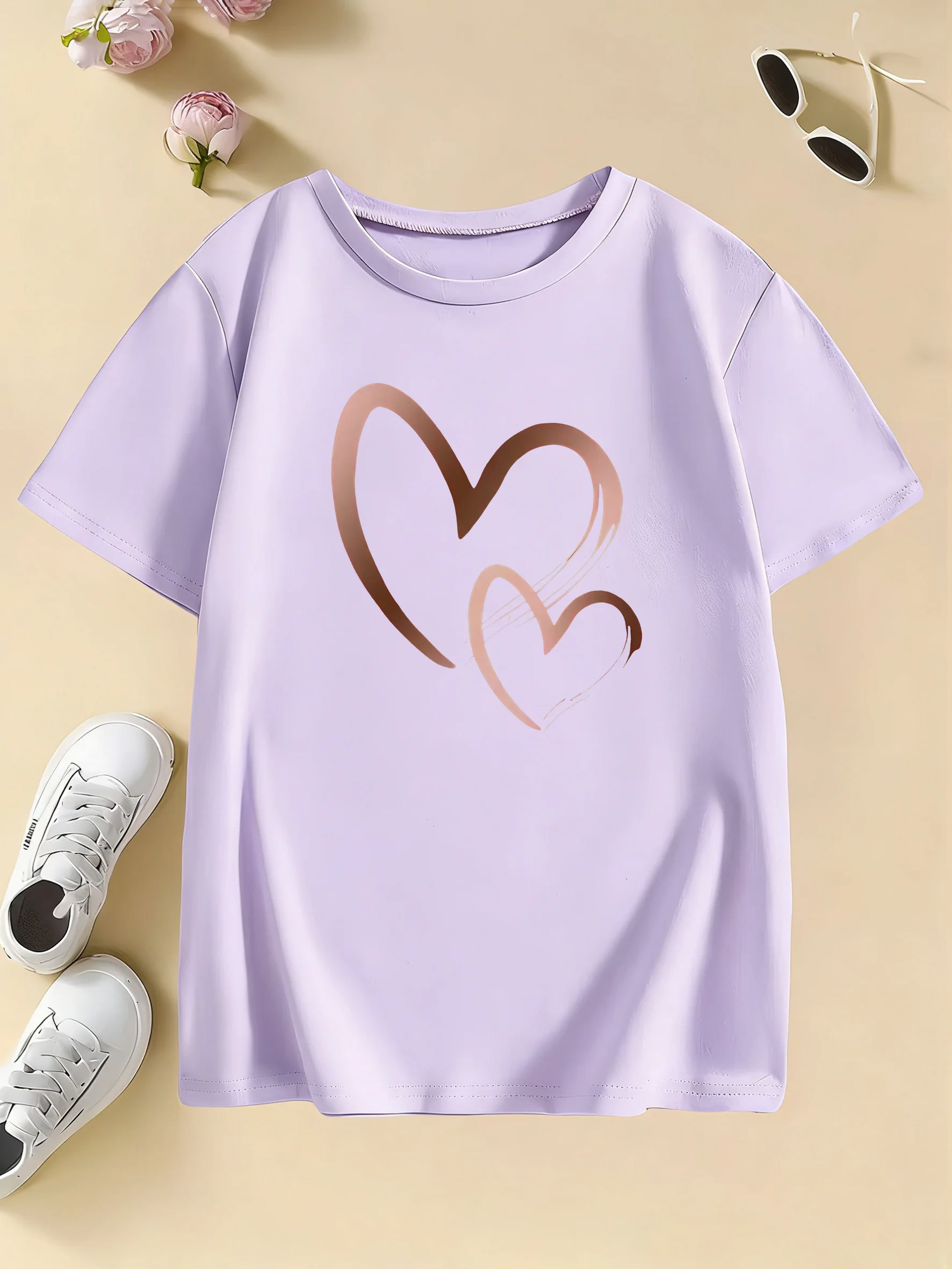 Vintage Fashion Girls Love Heart Design T Shirts Kids Children's T-shirt Girls Summer Spring Casual Top Tee view 5