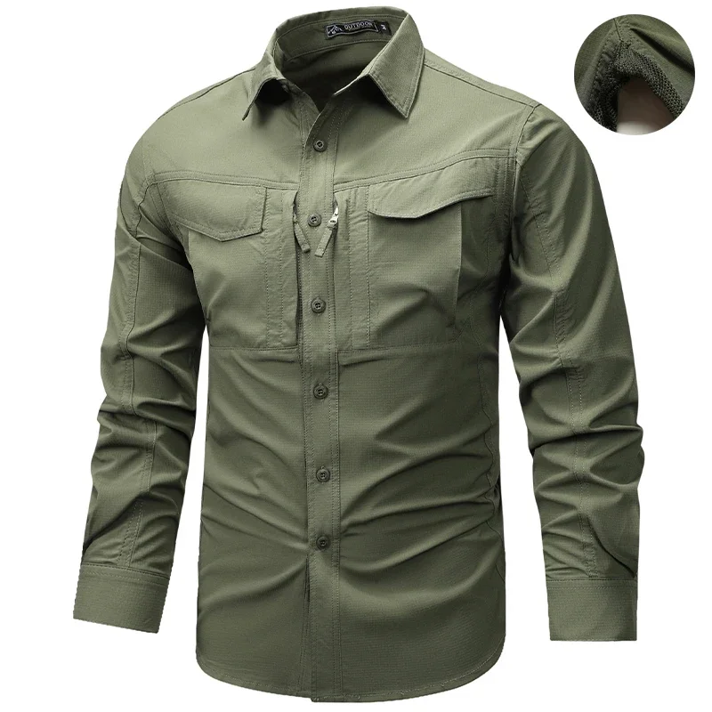 Mens Cargo Shirts Autumn Tactical Multi-pockets Armpit Breathable Techwear Outdoor Casual Workwear Tops Long Sleeve Shirt Men