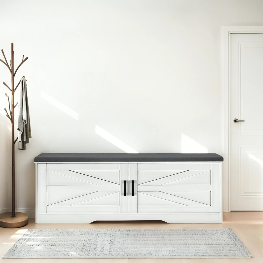 2-Tier Storage Bench, Farmhouse Shoe Bench with Padded Seat Cushion, Entryway Bench with 2 Barn Doors & 2 Adjustable Shelves,