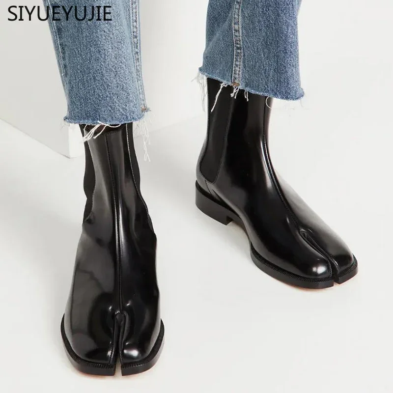 New Unisex Black Real Leather Tabi Boots Men’s Women’s Split Toe Chelsea Boots Women Tabi Shoes Women Brand Design Botas Mujer