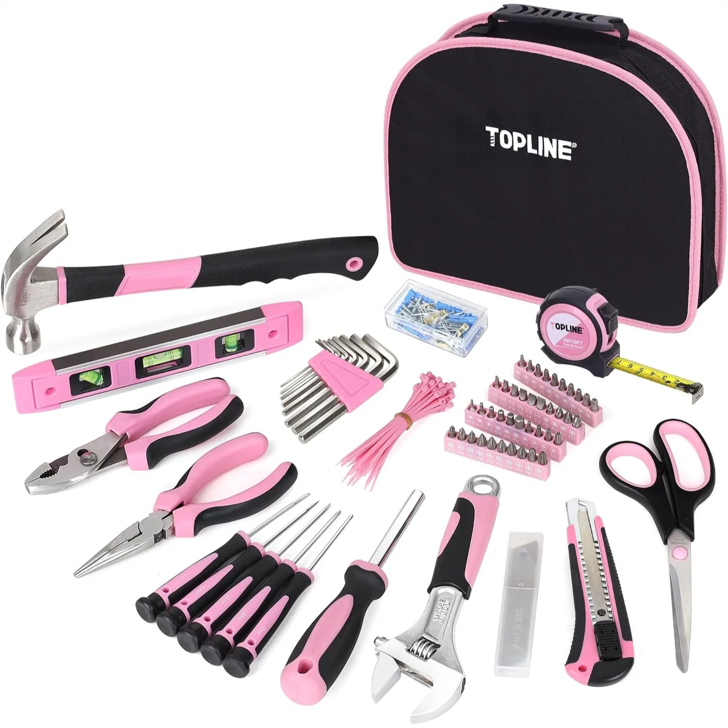 208-Piece Pink Tool Kit for Women with Round Pouch, Home & Apartment Essentials, DIY Gift