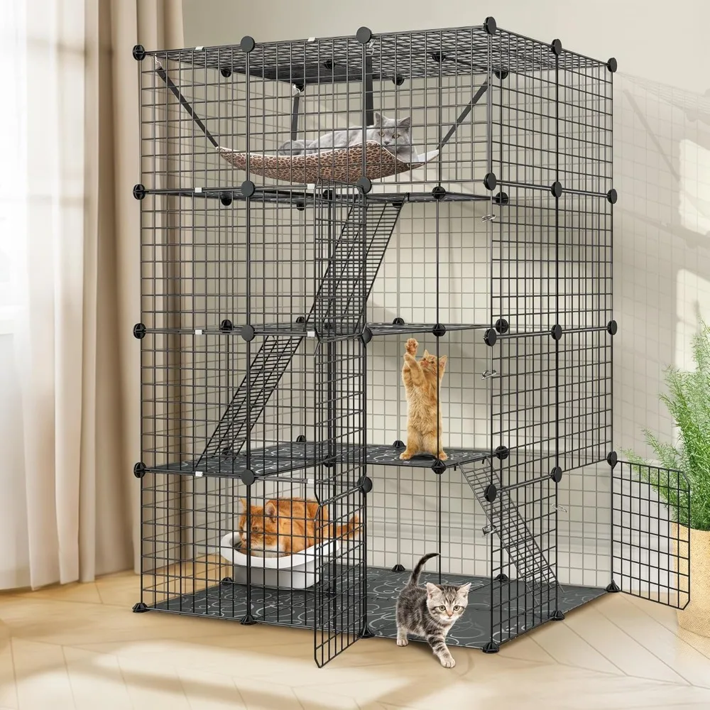 

Pet Republic 4-Tier Cat Cage Indoor Enclosure DIY Cat Playpen Metal Kennel with Extra Large Hammock, Catio Ideal for 1-3 Cats, F