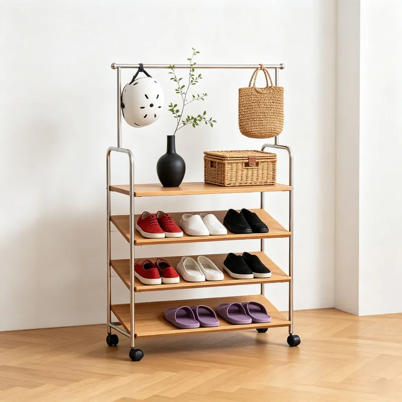 Multifunctional shoe rack with hook, stainless steel universal wheel floor-to-ceiling multi-layer shoe bag storage