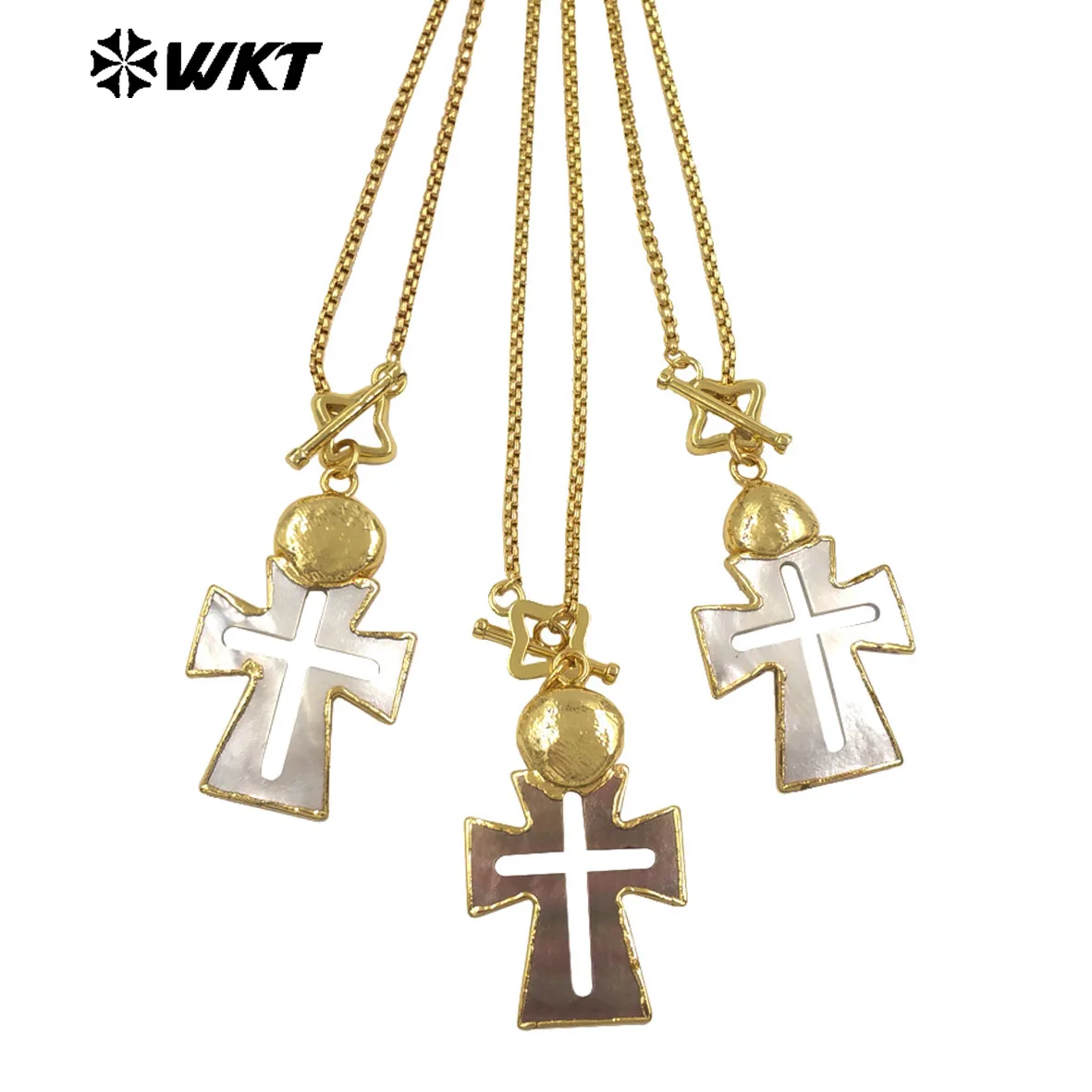 WT-JN353 Unique Couple Vintage Accessory Hollow Design White&Grey Cross Shell Pendant Special Front-Nutton Chain Necklace
