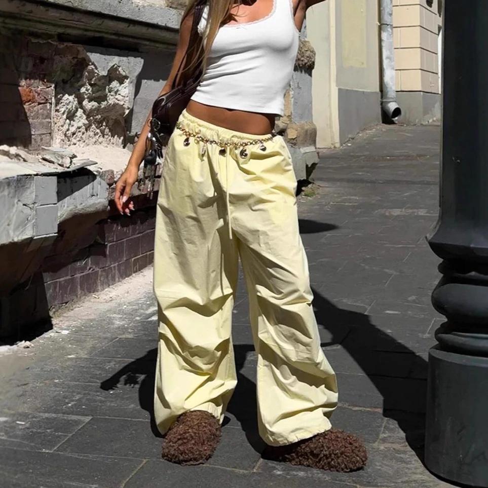 

Yellow Wide-leg Trousers for Women Low-rise Drawstring Trousers Shrinking Pleated Pure Cotton Tooling Trousers for Women