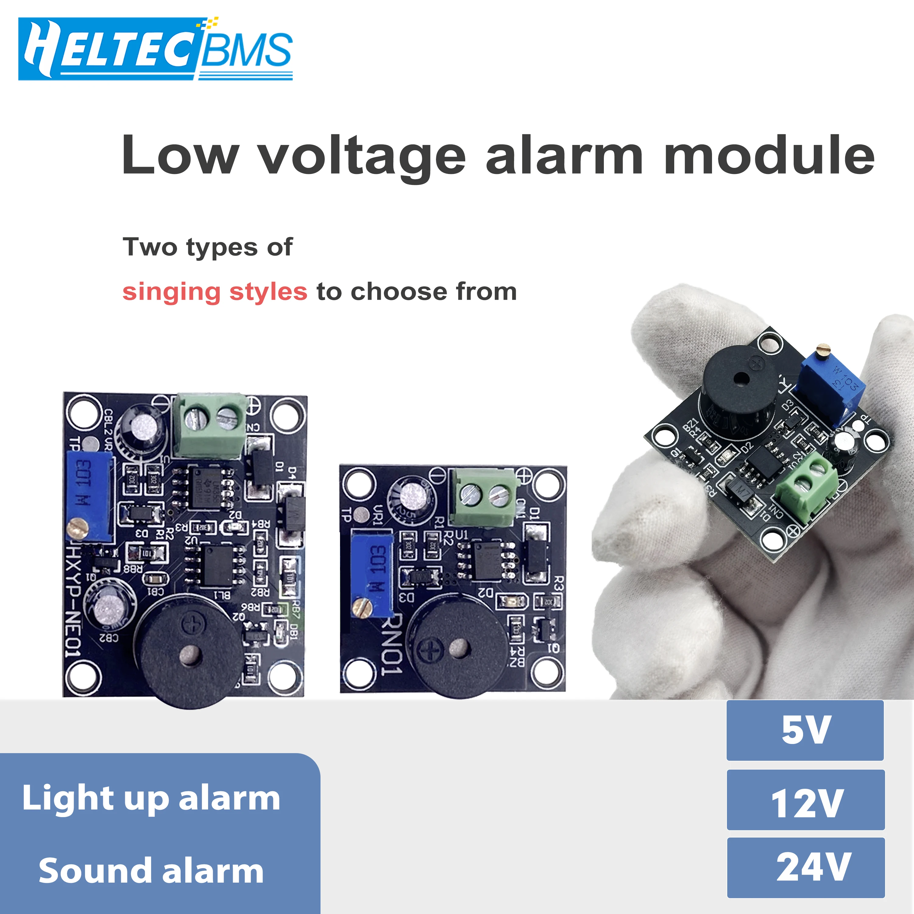 Battery Low Voltage Indicator Module, 5V/12V/24V Selectable with Constant or Beeping Alarm, Ideal for Li-ion/Pb-Acid/Solar Syste
