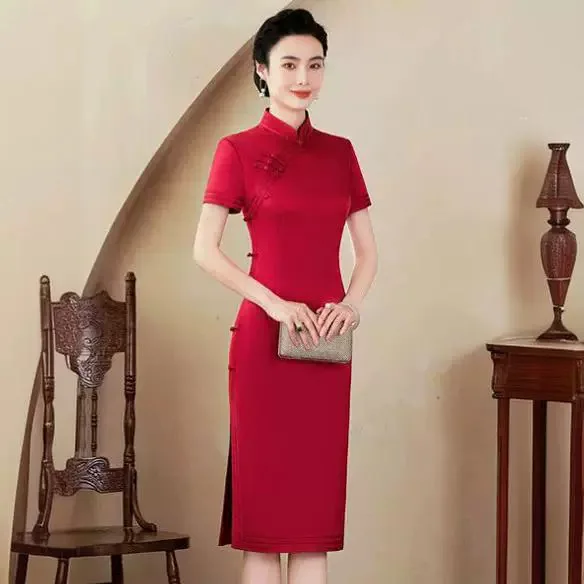 Red High-End High Quality Real Silk Cheongsam Qipao Summer Women's 2024 New Wedding Reception Clothes Dress