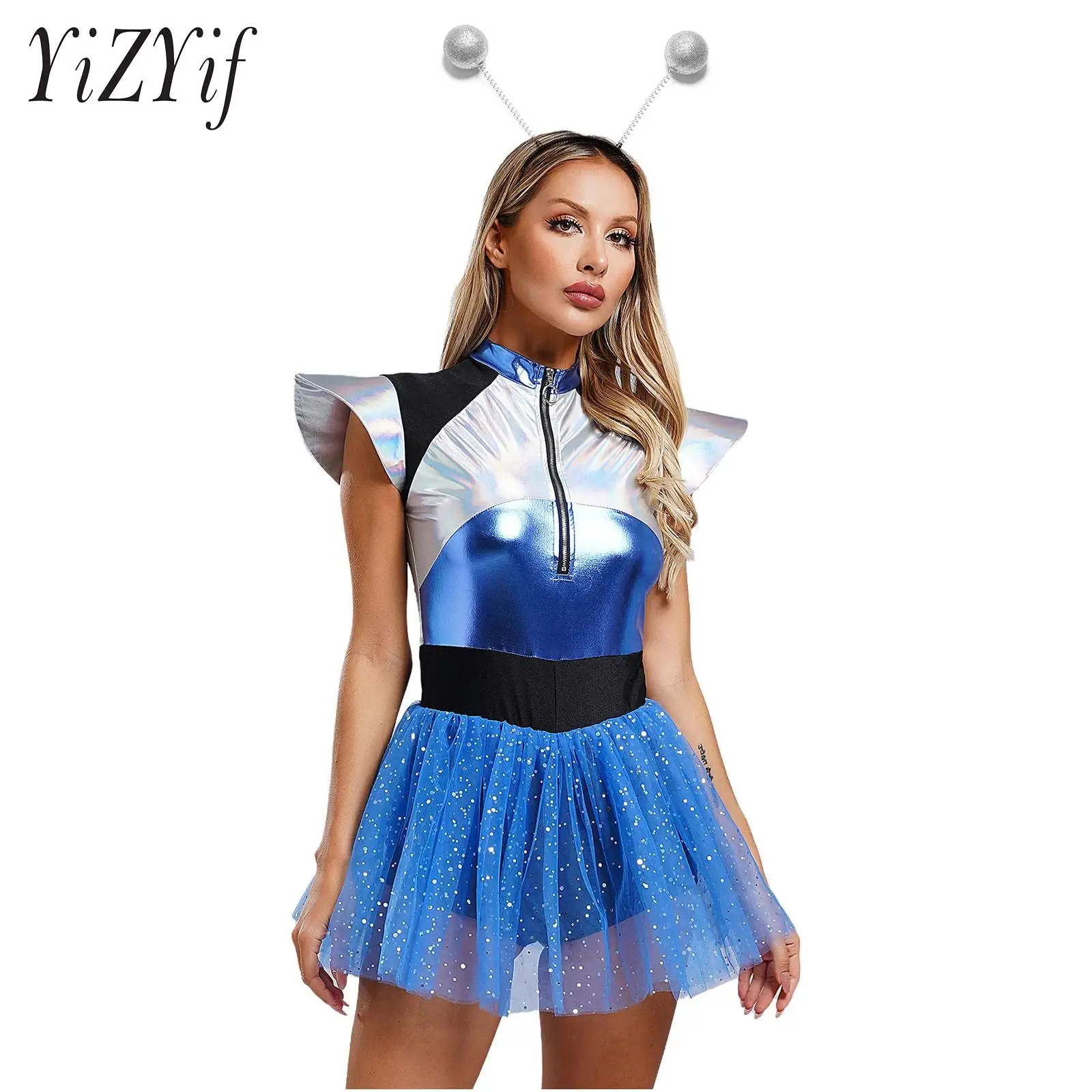 Womens Alien Costume Holographic Metallic Robot Tutu Dress Outer Space Extraterrestrials Skirted Bodysuit for Halloween Party