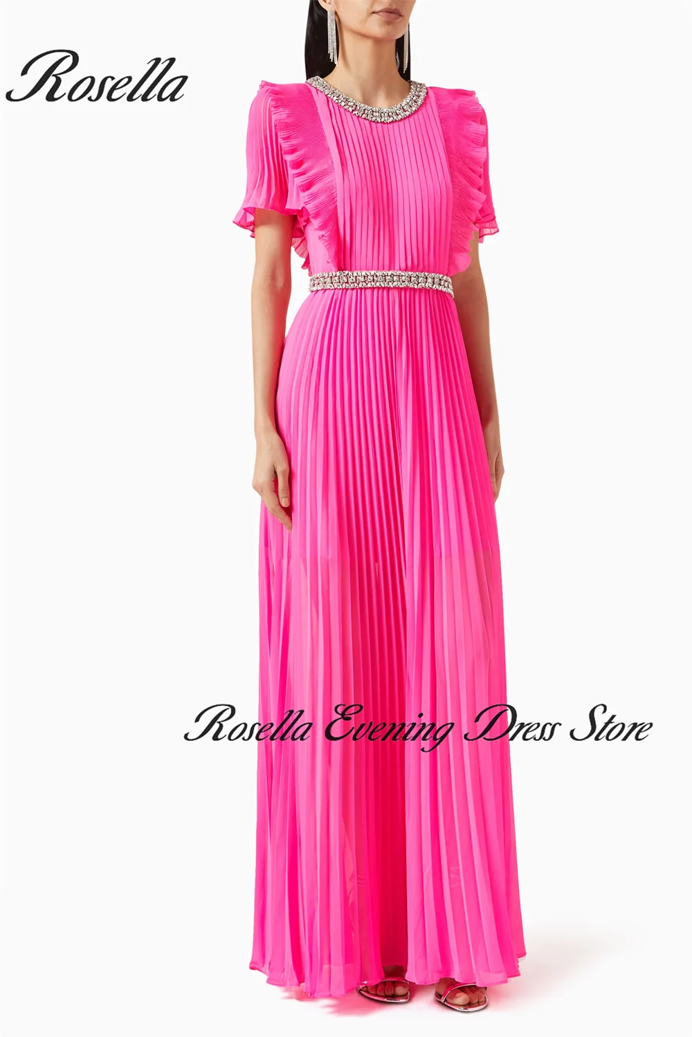 ROSELLA-vestido de noche plisado para mujer, vestido de graduación con cintura de cristal, línea A, color rosa fucsia, 2024