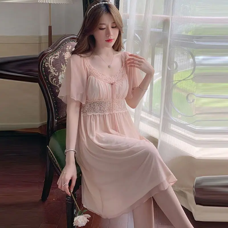 

Pajamas Dress Women's Summer New Sweet Pullover Short Sleeve Sleepshirts Chest Cushion Mesh Maiden Princess Style Bow Nightgowns