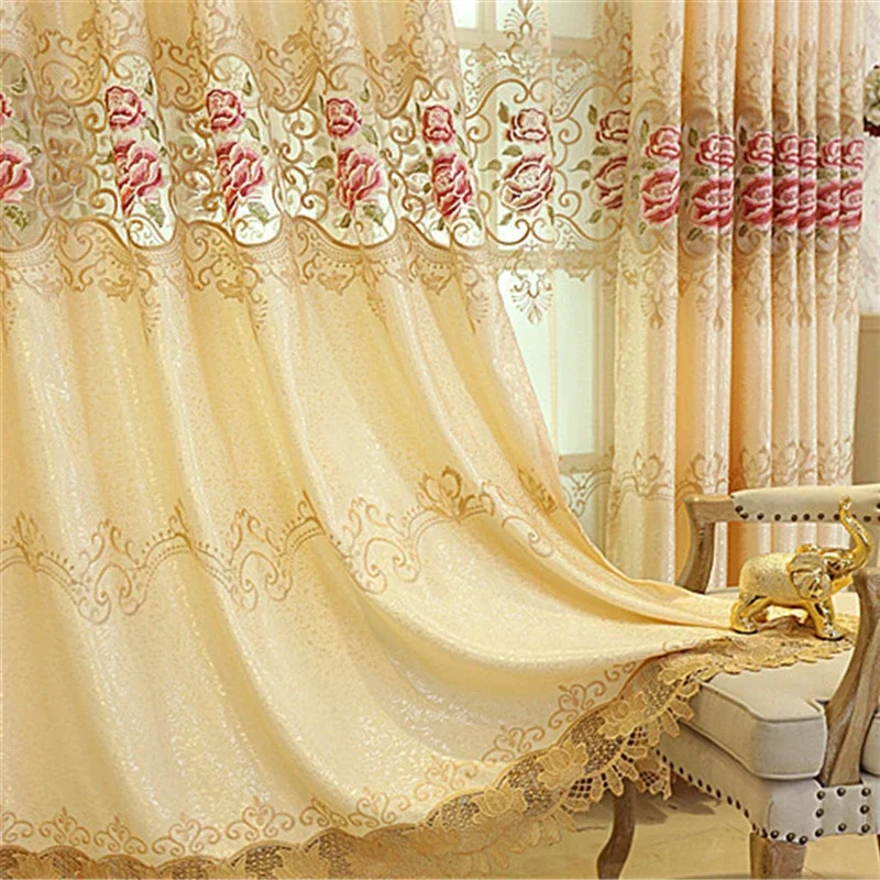 Luxury Gold Curtains for Bedroom Window High-End  Embroidered Peony Tulle Curtain Sheer for Living Room Luxury