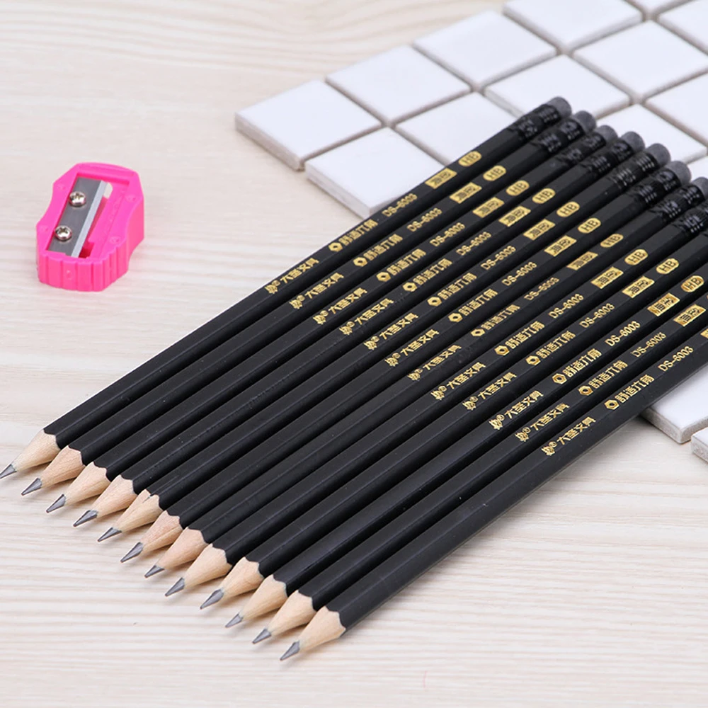 12Pcs/ lot Eco-friendly Natural Wood Pencils HB Black Hexagonal Non-toxic Standard Pencil Cute Stationery Office School Supplies