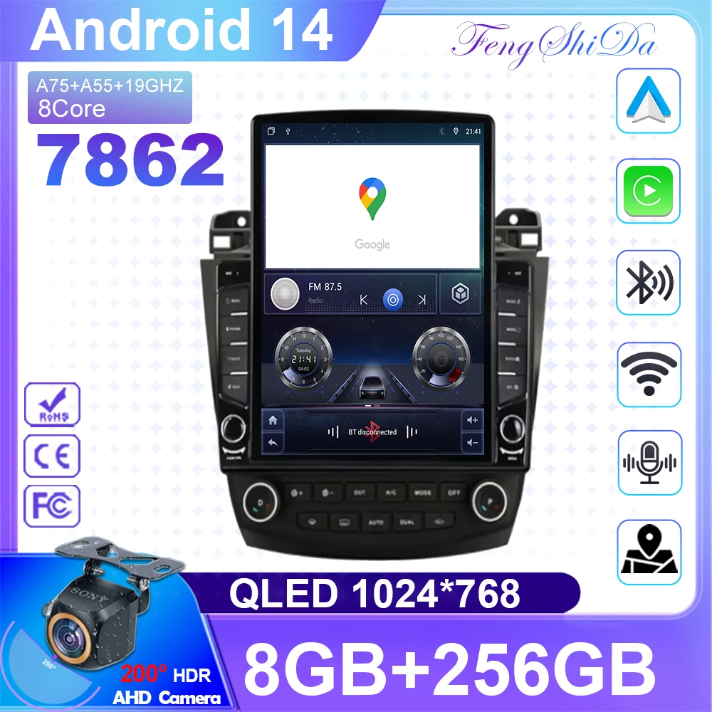 9.7inch Android 14 For Tesla Style Honda Accord 7 2003-2007 Car Radio Multimedia Player GPS Navigation No 2din Wireless Carplay