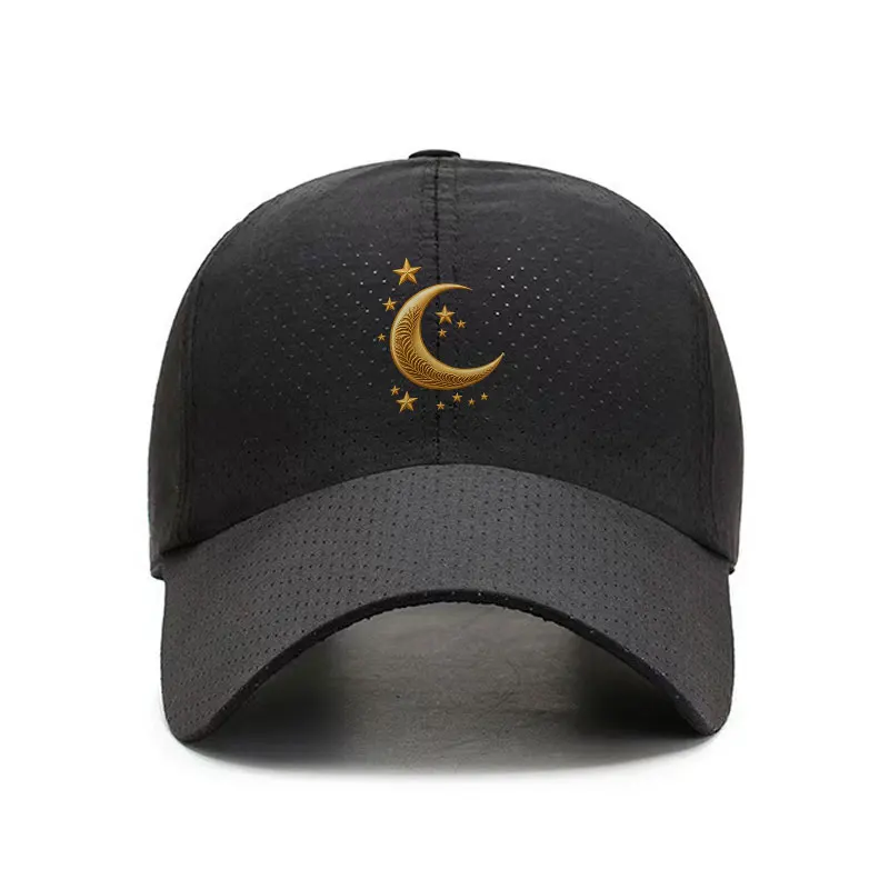 Golden Crescent Moon and Stars Quick Dry Baseball Cap Black Breathable Hat for Outdoor Sports