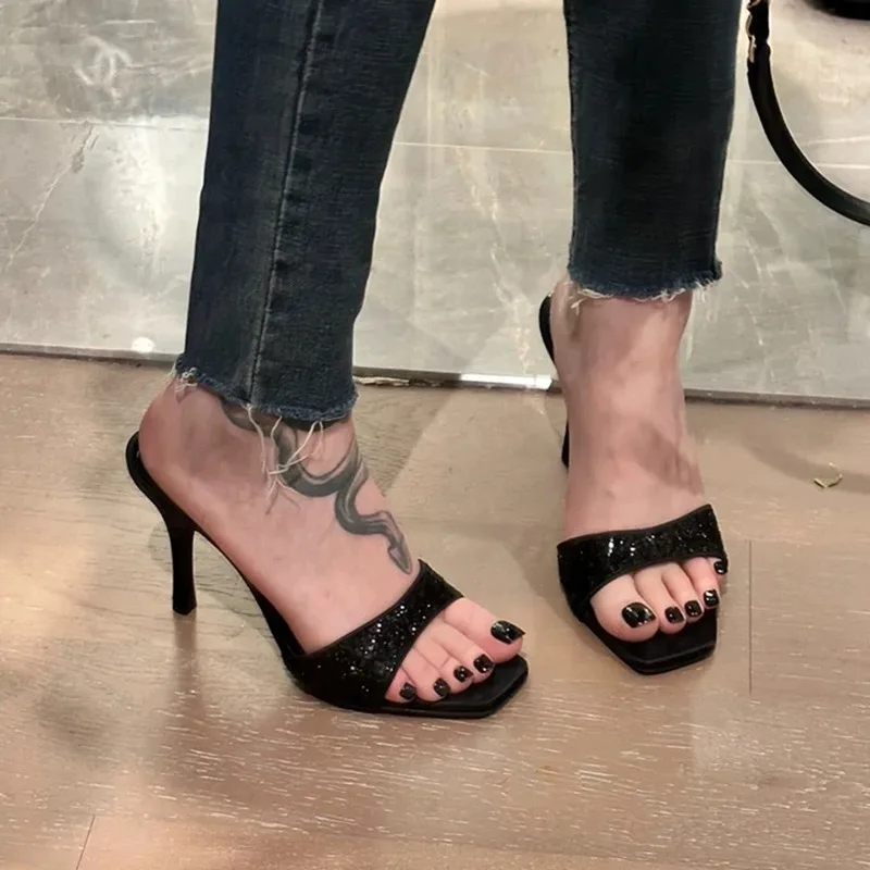 

Women's Shoes Exquisite Bling High Heeled Sandals for Woman Fashion Square Head Model Casual Shoe Designer Shoes Sandalias Mujer