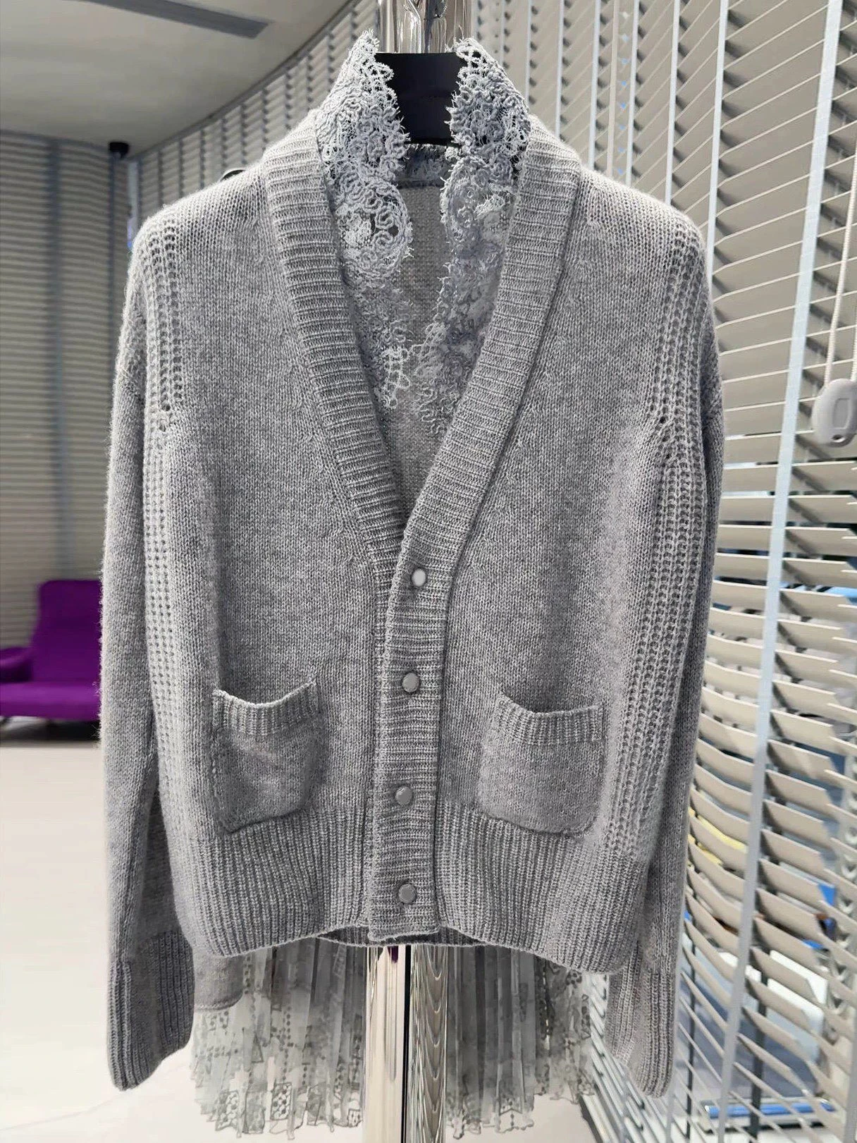 Elegant Women's Cashmere Cardigan V Neck Lace Trim Long Sleeve Knit Sweater Casual Fall Winter Top Grey