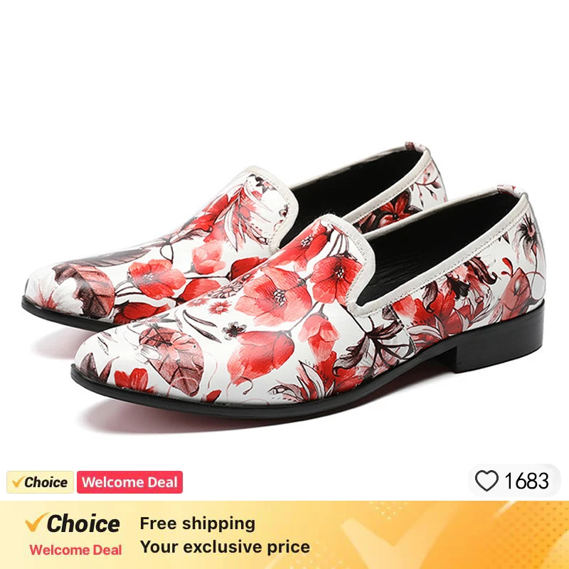 Loafers Shoes Men Round Toes Flats White Print Red Flowers Genuine Leather Men Loafers Erkek Ayakkabi Shoes Men Mixed Color