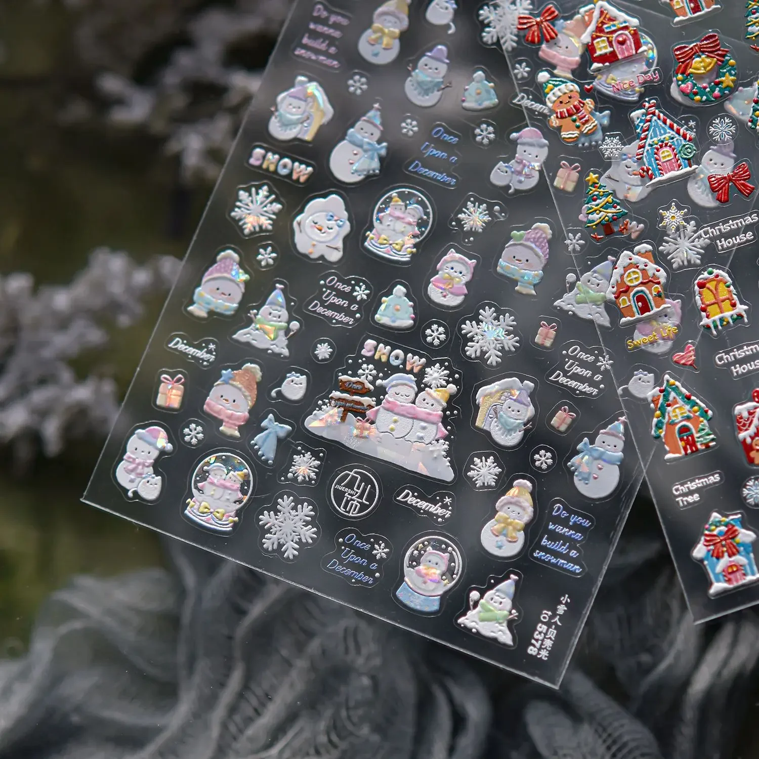 Acessórios de unhas de natal adesivos 5d em relevo dos desenhos animados floco de neve casa boneco de neve adesivos de unhas diy adesivo manicure decoração decalques